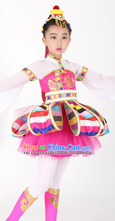 Traditional Chinese Child Tibetan Nationality Rosy Dress Ethnic Minority Folk Dance Costume for Kids