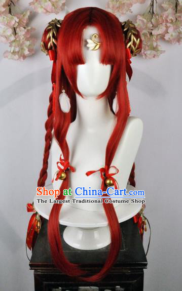 Traditional Chinese Cosplay Fairy Red Wigs Sheath Ancient Female Swordsman Chignon and Hair Accessories for Women