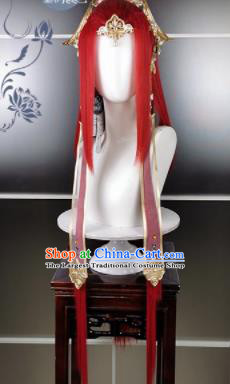 Traditional Chinese Cosplay Goddess Female Swordsman Red Wigs Sheath Ancient Princess Chignon and Hair Accessories for Women