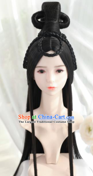 Traditional Chinese Cosplay Tang Dynasty Princess Wigs Sheath Ancient Female Swordsman Chignon for Women