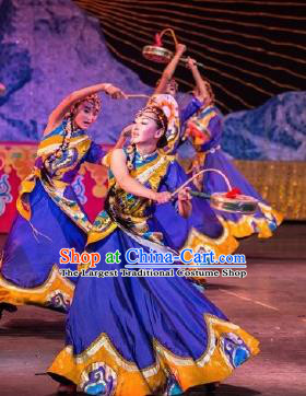 Chinese Happiness On The Way Zang Nationality Dance Purple Dress Stage Performance Costume and Headpiece for Women