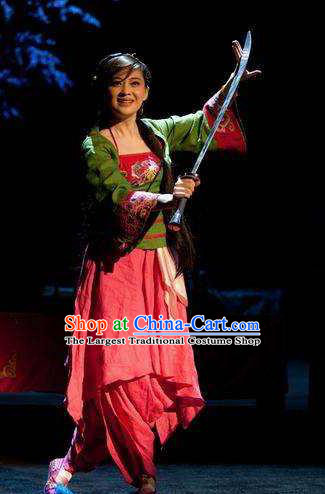 Chinese I Love Taohua Classical Dance Dress Stage Performance Costume and Headpiece for Women