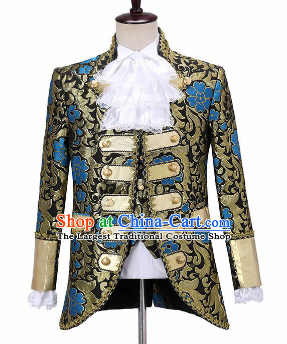 Traditional England Prince Costumes European Court Jacquard Weave Blue Flowers Vest Coat Clothing for Men