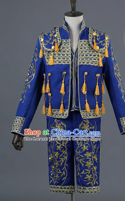 Traditional European Prince Costumes Spanish Court Royalblue Clothing for Men