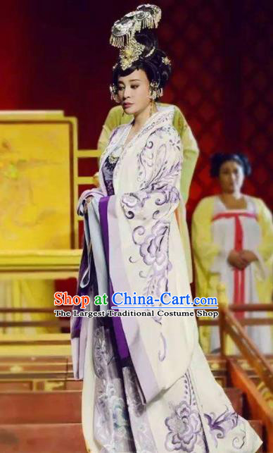 The Empress of China Ancient Tang Dynasty Court Queen White Dress Stage Performance Dance Costume and Headpiece for Women