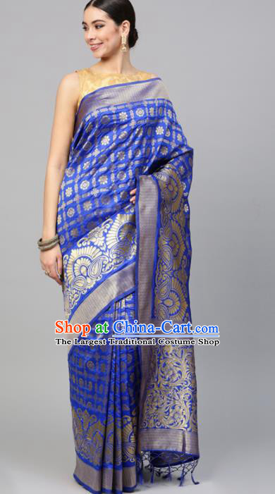 Asian Indian Bollywood Royalblue Silk Dress India Traditional Wedding Sari Costumes for Women