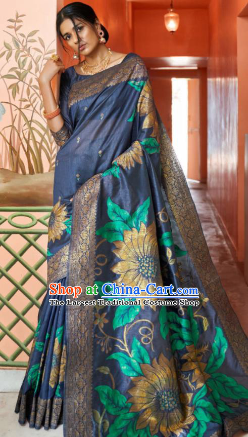 Asian Indian Bollywood Printing Sunflowers Navy Silk Dress India Traditional Sari Costumes for Women