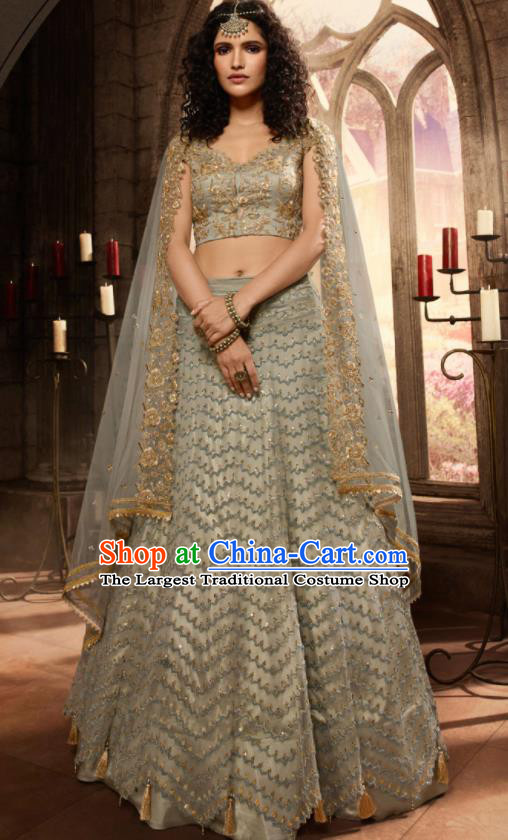 Asian Indian Bollywood Lehenga Light Blue Embroidered Dress India Traditional Costumes for Women