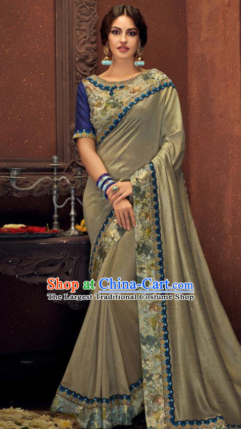 Asian Indian Court Light Grey Silk Embroidered Sari Dress India Traditional Bollywood Costumes for Women