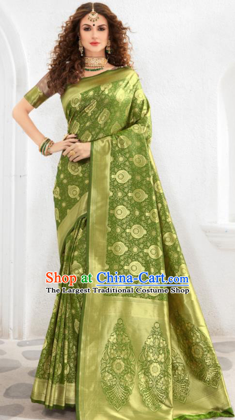 Asian Indian Court Olive Green Silk Sari Dress India Traditional Bollywood Costumes for Women