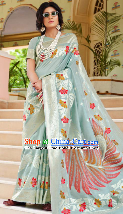 Asian Indian Court Light Blue Silk Sari Dress India Traditional Bollywood Princess Costumes for Women