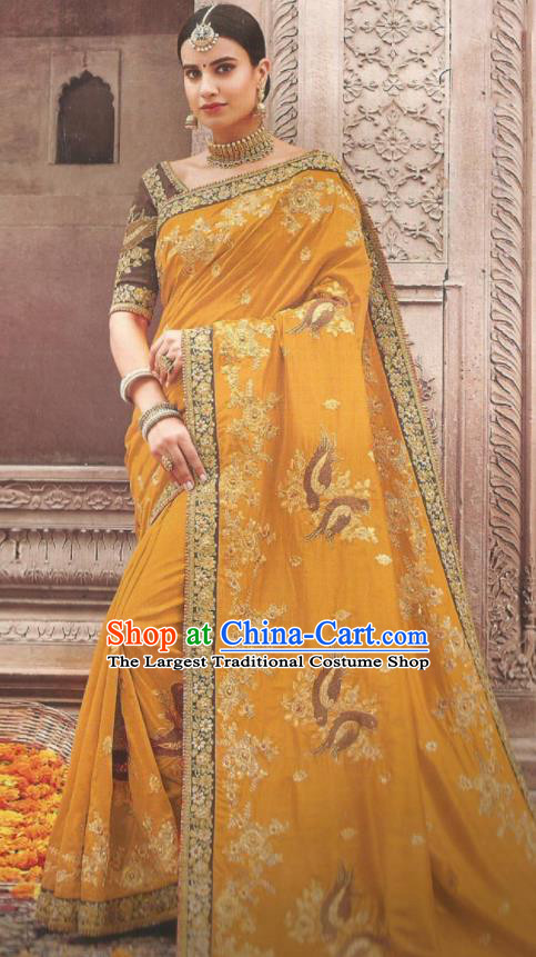 Asian Indian Court Ginger Art Silk Embroidered Sari Dress India Traditional Bollywood Princess Costumes for Women