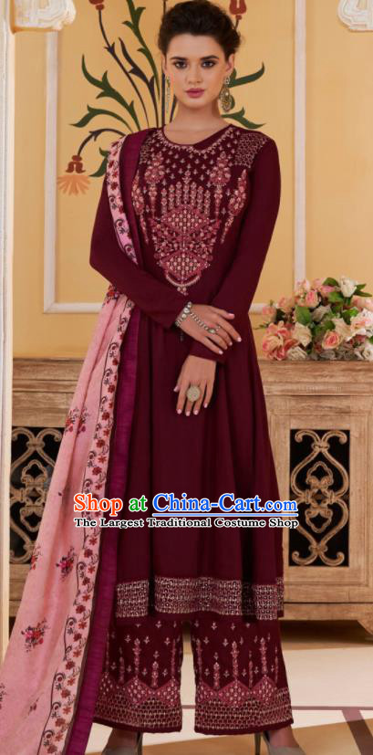 Asian Indian Embroidered Wine Red Muslin Blouse and Pants India Traditional Lehenga Choli Costumes Complete Set for Women