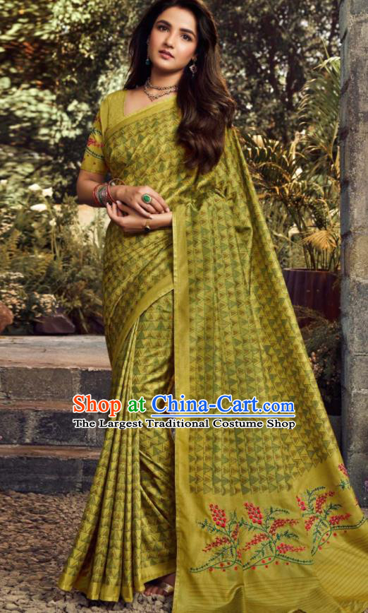 Asian India Traditional Sari Costumes Indian Bollywood Embroidered Olive Green Silk Dress for Women