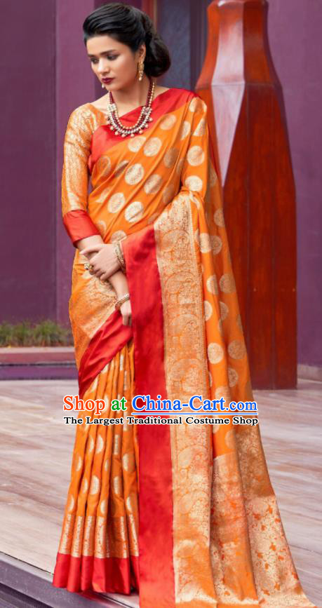 Asian Indian Festival Orange Silk Sari Dress India Bollywood Traditional Court Costumes for Women