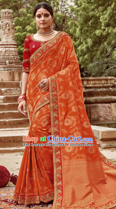 Asian Indian Bollywood Bride Embroidered Orange Sari Dress India Traditional Court Wedding Costumes for Women