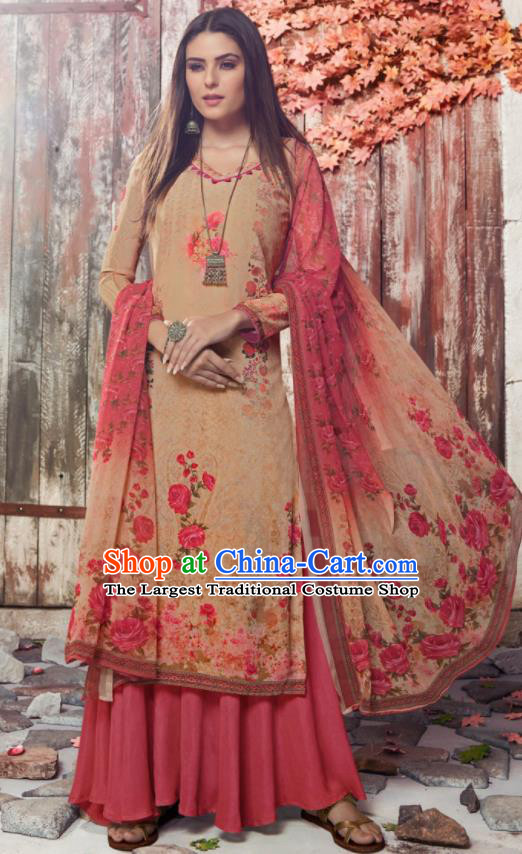 Asian Indian Traditional Printing Ginger Crepe Blouse and Pants India Punjabis Lehenga Choli Costumes Complete Set for Women