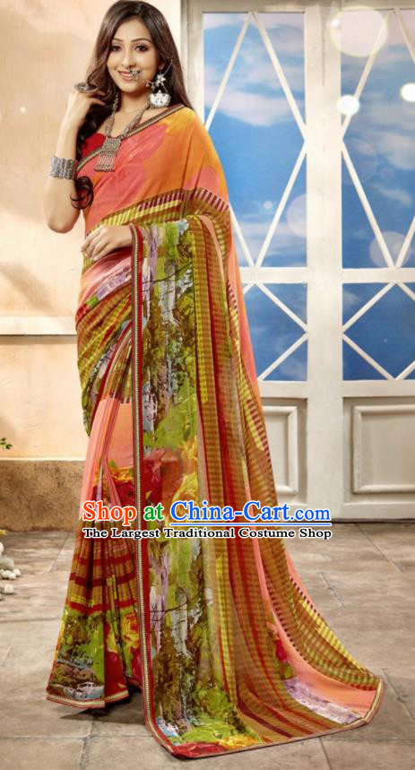 Asian Indian National Lehenga Printing Orange Georgette Sari Dress India Bollywood Traditional Costumes for Women