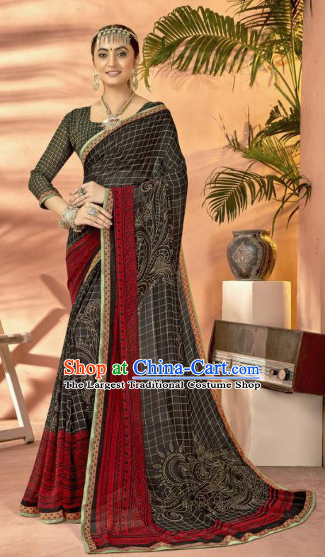 Black Georgette Asian Indian National Lehenga Printing Sari Dress India Bollywood Traditional Costumes for Women