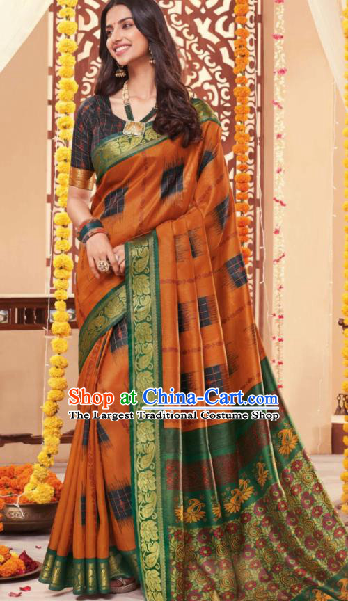 Asian Traditional Indian National Printing Orange Cotton Sari Dress India Lehenga Bollywood Costumes for Women