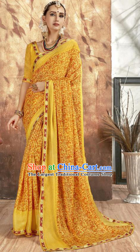 Asian Indian National Bollywood Printing Yellow Chiffon Sari Dress India Traditional Costumes for Women