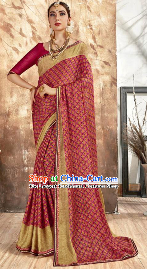 Asian Indian National Bollywood Printing Wine Red Chiffon Sari Dress India Traditional Costumes for Women