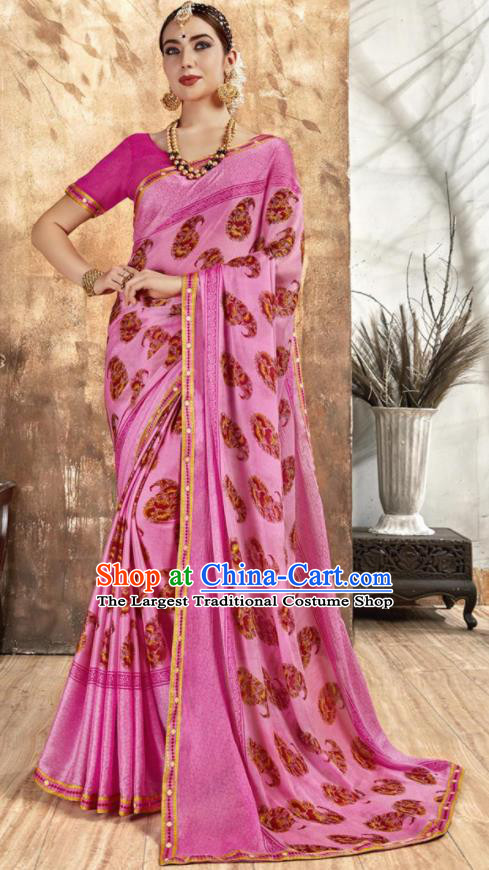 Asian Indian National Bollywood Printing Pink Chiffon Sari Dress India Traditional Costumes for Women