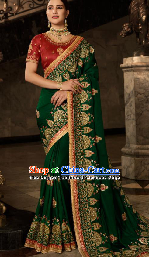 Asian Traditional Indian Court Embroidered Green Silk Sari Dress India National Festival Bollywood Costumes for Women