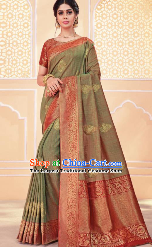 Asian Traditional Indian Light Green Art Silk Sari Dress India National Festival Bollywood Costumes for Women