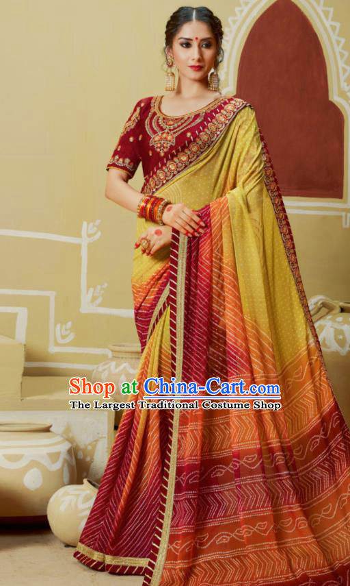 Traditional Indian Embroidered Georgette Sari Dress Asian India National Festival Bollywood Costumes for Women