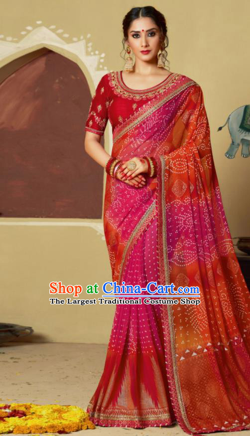 Traditional Indian Rosy Georgette Sari Dress Asian India National Festival Bollywood Costumes for Women