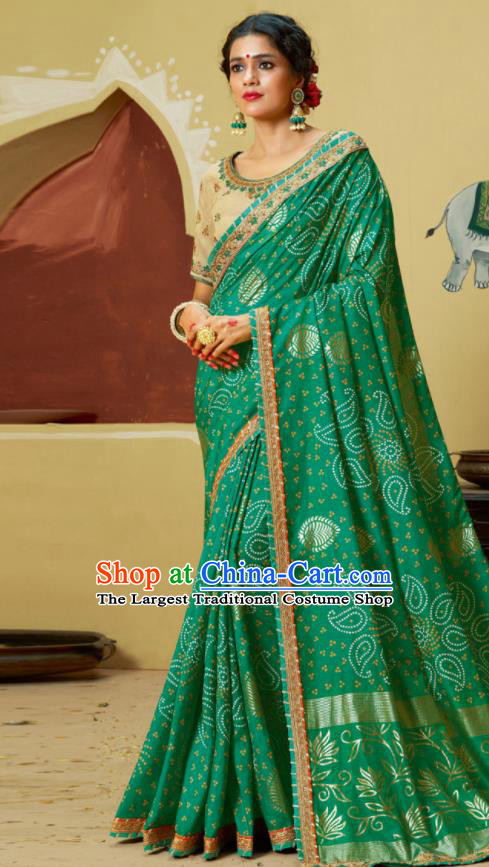 Traditional Indian Green Georgette Sari Dress Asian India National Festival Bollywood Costumes for Women