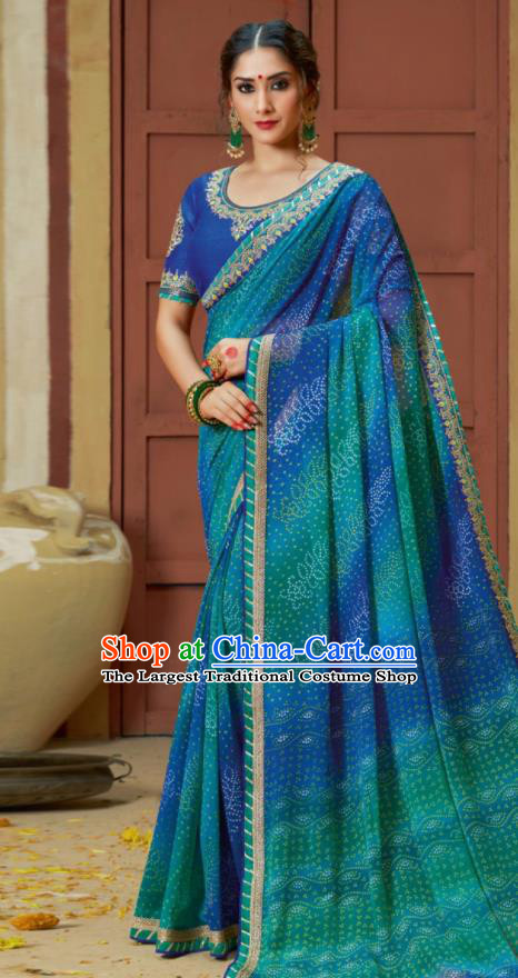 Traditional Indian Royalblue Georgette Sari Dress Asian India National Festival Bollywood Costumes for Women