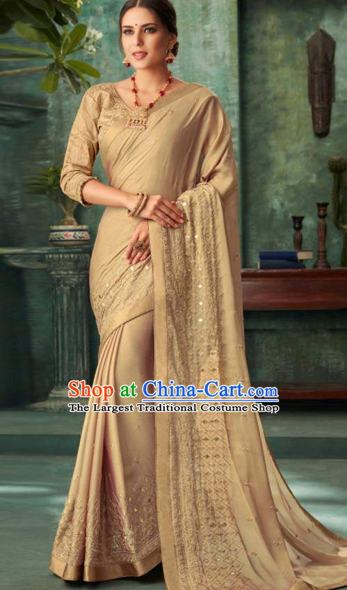 Indian Traditional Wedding Embroidered Khaki Sari Dress Asian India National Festival Costumes for Women