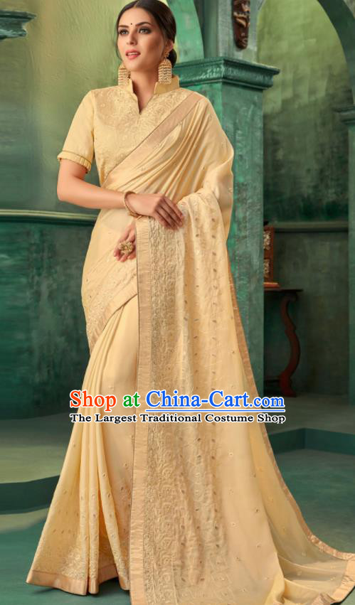 Indian Traditional Wedding Embroidered Golden Sari Dress Asian India National Festival Costumes for Women