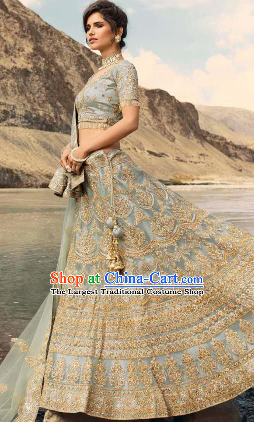 Indian Traditional Lehenga Embroidered Light Blue Dress Asian India National Festival Costumes for Women