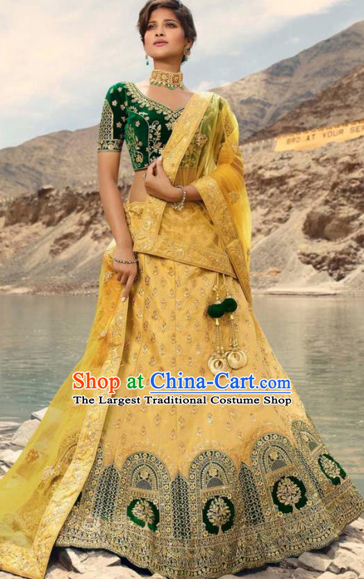 Indian Traditional Lehenga Embroidered Yellow Dress Asian India National Festival Costumes for Women