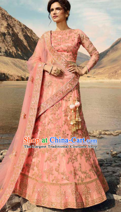 Indian Traditional Lehenga Embroidered Pink Dress Asian India National Festival Costumes for Women