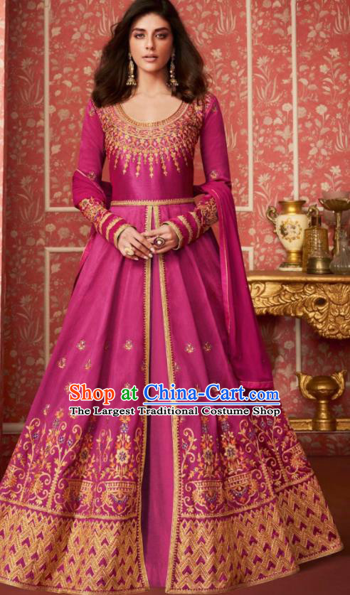 Indian Traditional Court Bollywood Embroidered Rosy Silk Anarkaili Dress Asian India National Festival Costumes for Women