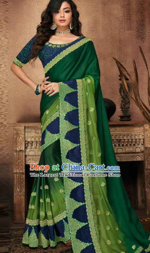 Indian Traditional Court Bollywood Deep Green Satin Sari Dress Asian India National Festival Costumes for Women