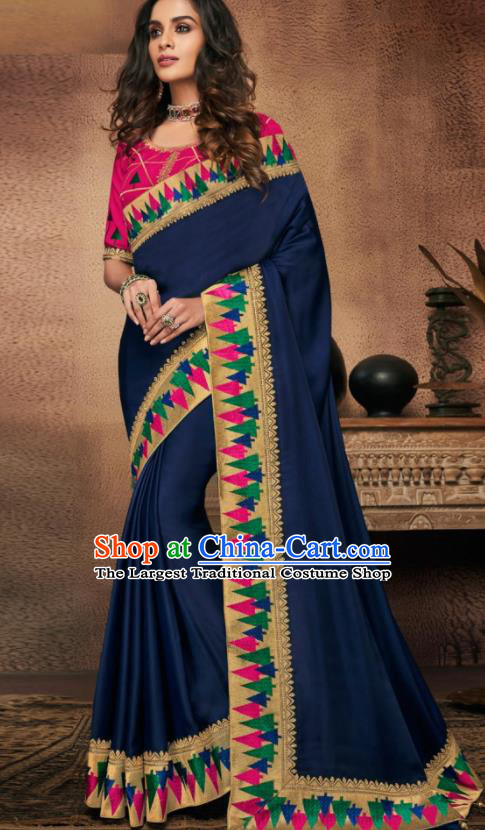 Indian Traditional Court Bollywood Navy Satin Sari Dress Asian India National Festival Costumes for Women