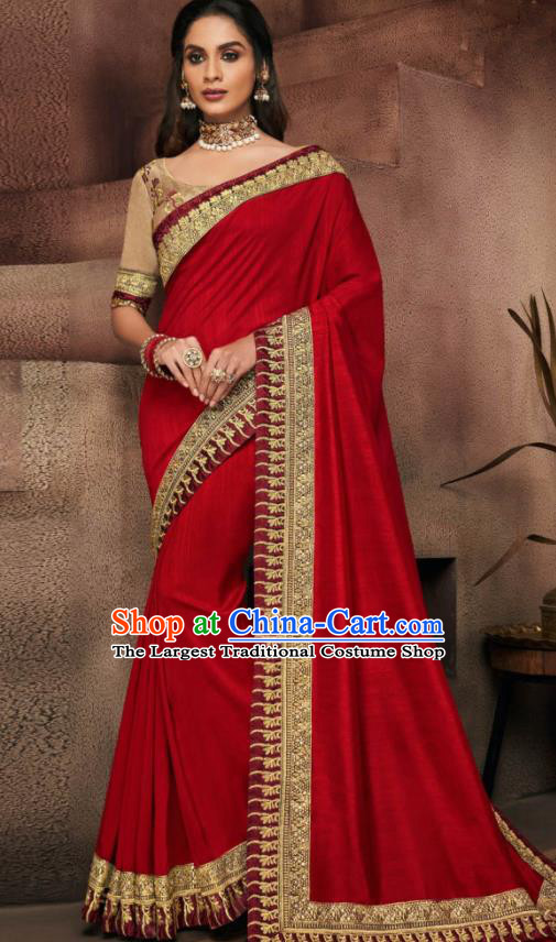 Indian Traditional Court Bollywood Red Satin Sari Dress Asian India National Festival Costumes for Women