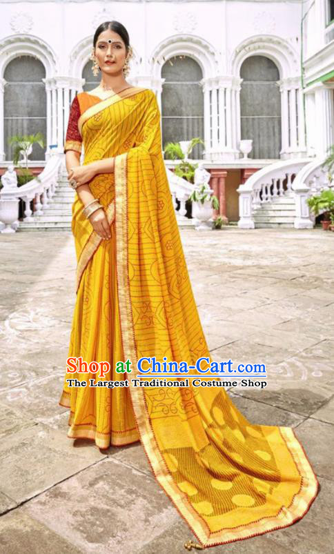 Indian Traditional Court Printing Yellow Georgette Sari Dress Asian India National Festival Costumes for Women