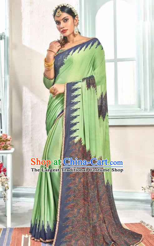 Indian Traditional Court Printing Green Sari Dress Asian India National Festival Costumes for Women