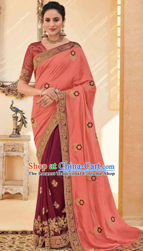 Traditional Indian Saree Pink and Purple Silk Sari Dress Asian India National Festival Bollywood Costumes for Women