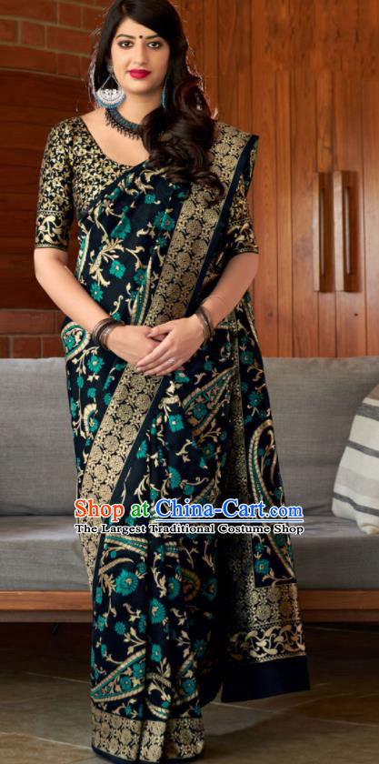 Traditional Indian Banarasi Saree Navy Silk Sari Dress Asian India National Festival Bollywood Costumes for Women