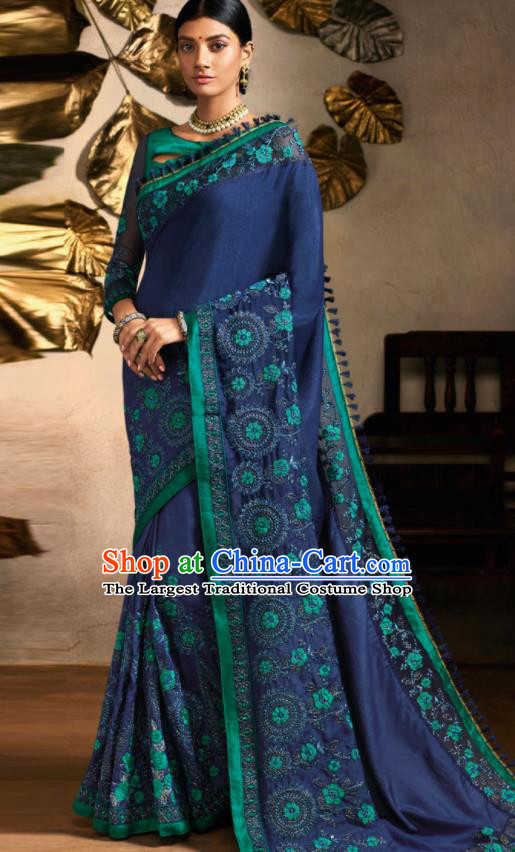 Traditional Indian Saree Bollywood Navy Satin Sari Dress Asian India National Festival Costumes for Women