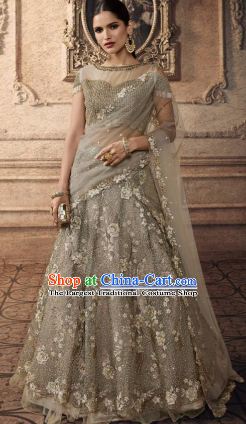 Traditional Indian Lehenga Embroidered Grey Dress Asian India National Festival Costumes for Women