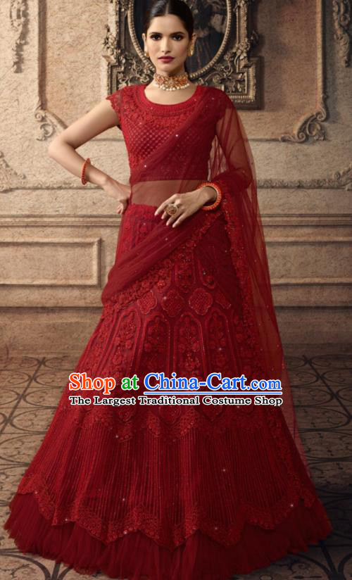 Traditional Indian Lehenga Embroidered Red Dress Asian India National Festival Costumes for Women