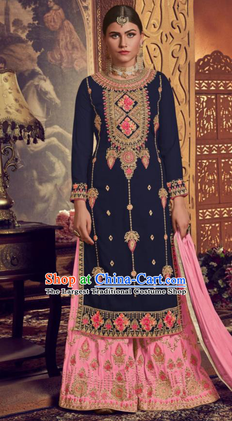 Asian Indian Punjabis Embroidered Navy Georgette Blouse and Pink Pants India Traditional Lehenga Choli Costumes Complete Set for Women